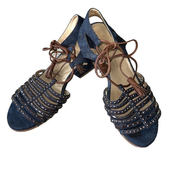 Stuart Weitzman Skippity Antique Denim Strappy Tassel Wrap Sandals 7.5 - Picture 4 of 16